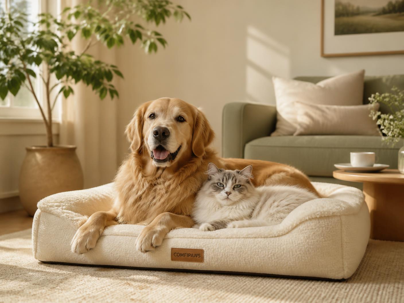 A golden retriever and a cat resting together on a cream orthopedic pet bed